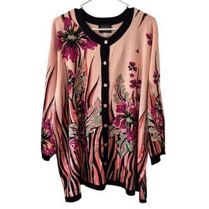 BOB MACKIE Women's 3X Pink Wearable Art Floral Button 3/4 Sleeve Cardigan Artsy
